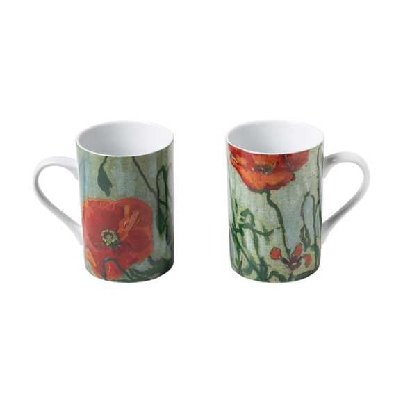 Floral Mug Set with Red Poppy Design - Picture 3 of 8